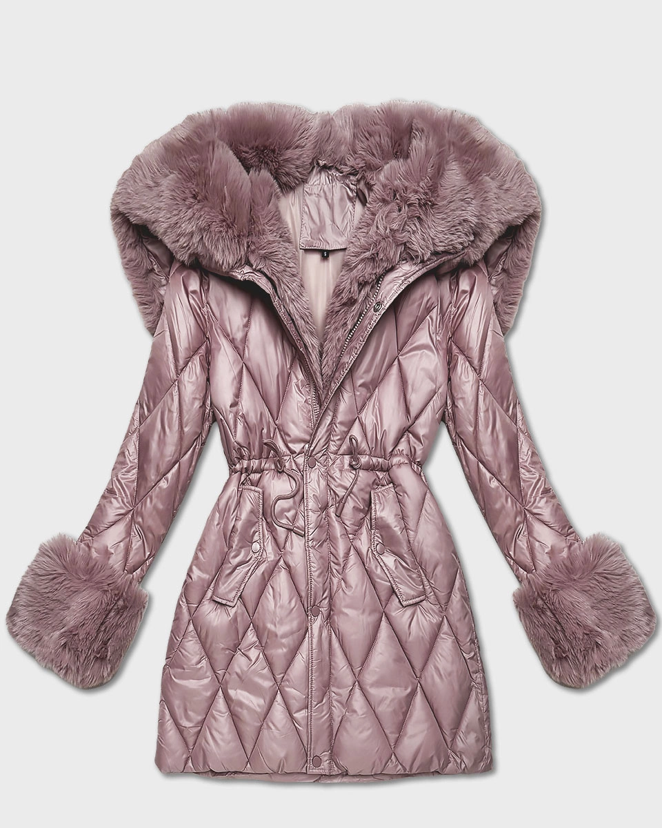 Kurtka z futrzanym kapturem tworzącym kołnierz różowa (T3-2635#-52)