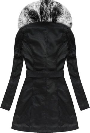 Płaszcz ze skóry ekologicznej z futrzanym kołnierzem Libland czarny-szary (LD-5518)