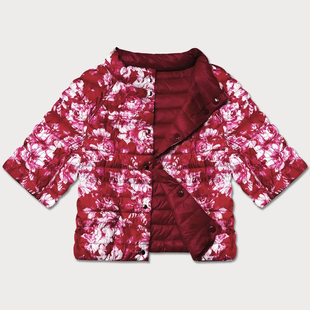 Dwustronna kurtka damska plus size z rękawem 3/4 Minority czerwona/kwiaty (M23-7010-16)