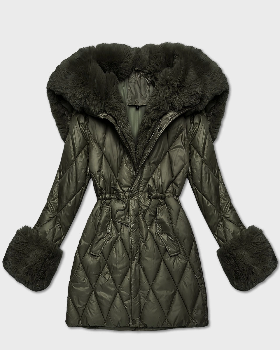 Kurtka z futrzanym kapturem tworzącym kołnierz khaki (T3-2635#-22)