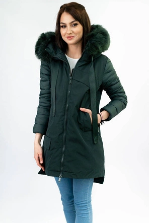 ZIMOWA KURTKA DAMSKA Z ŁĄCZONYCH MATERIAŁÓW CIEMNOZIELONA (7708)