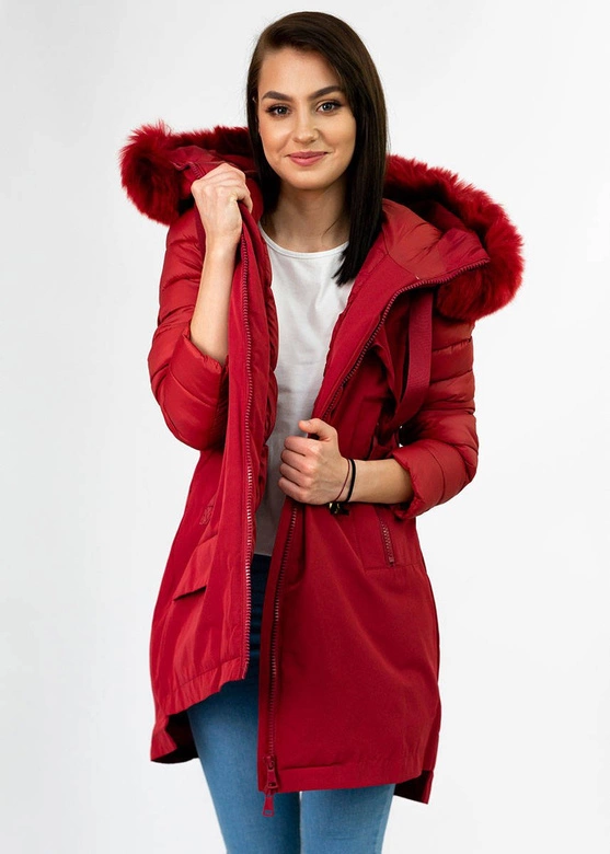 ZIMOWA KURTKA DAMSKA Z ŁĄCZONYCH MATERIAŁÓW CZERWONA (7708)