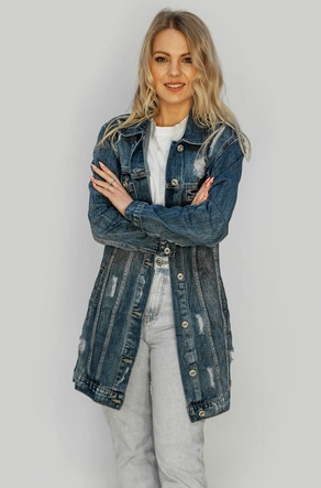 DŁUGA DAMSKA KURTKA JEANSOWA OVERSIZE NIEBIESKA (C089)