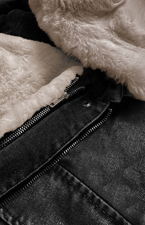 DAMSKA KURTKA JEANSOWA Z FUTRZANĄ PODPINKĄ CZARNO - BEŻOWA (9023#)