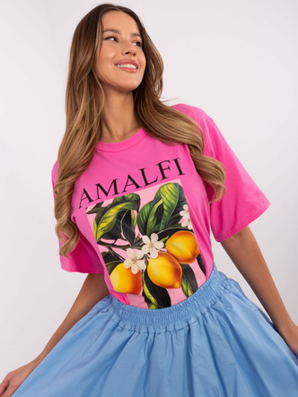 Bawełniany t-shirt damski z nadrukiem ciemny różowy (M745-1)
