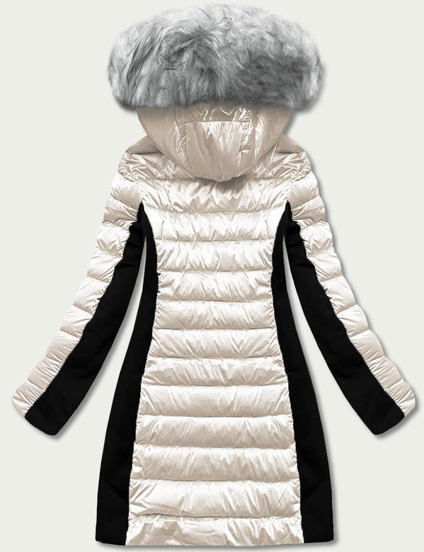 ZIMOWA KURTKA DAMSKA Z ŁĄCZONYCH MATERIAŁÓW ECRU (DK067-10)
