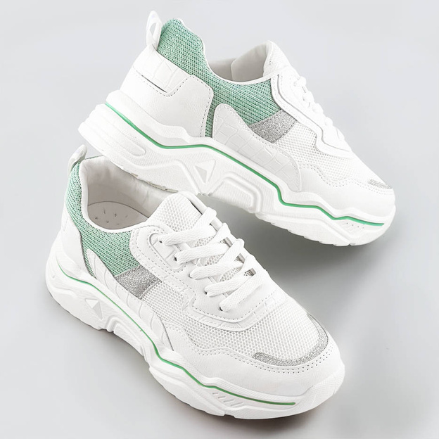 Sneakersy damskie z brokatowymi wstawkami biało-miętowe (lu-2)