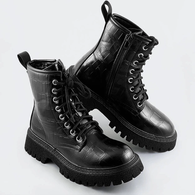 Damskie sznurowane botki krokodyl czarne (a9897)
