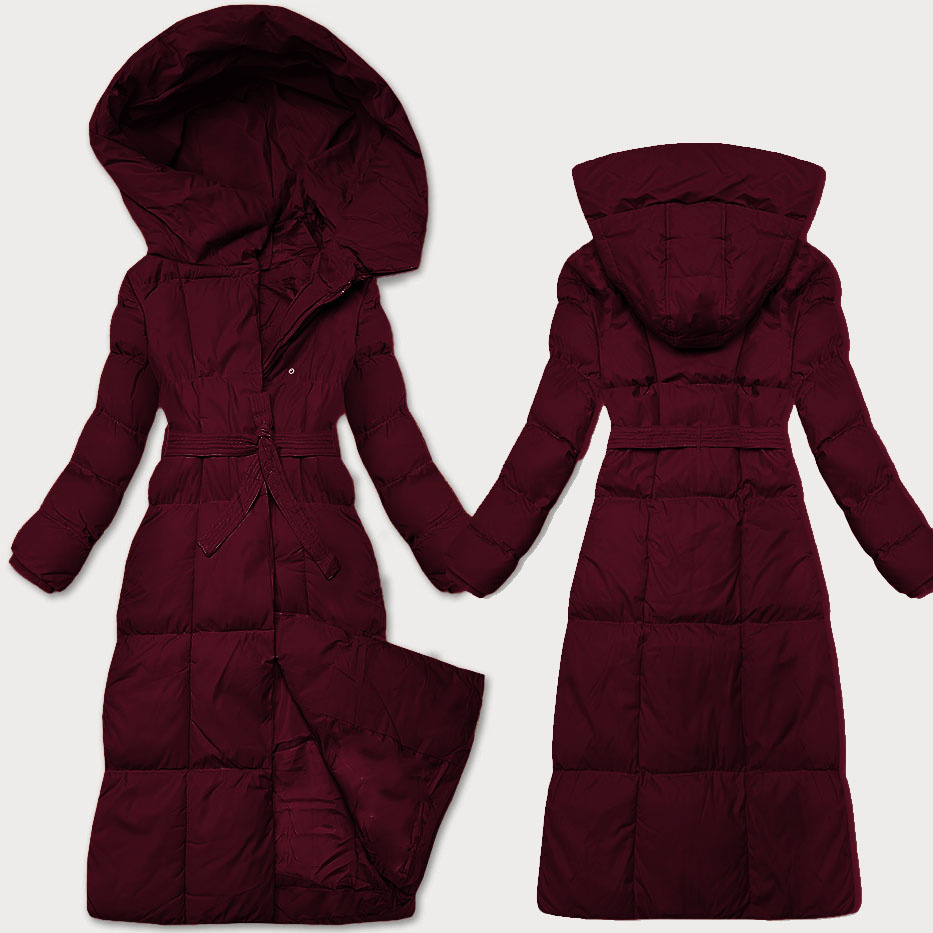 Zimowa damska kurtka z paskiem J Style bordowa (5M3227-1)