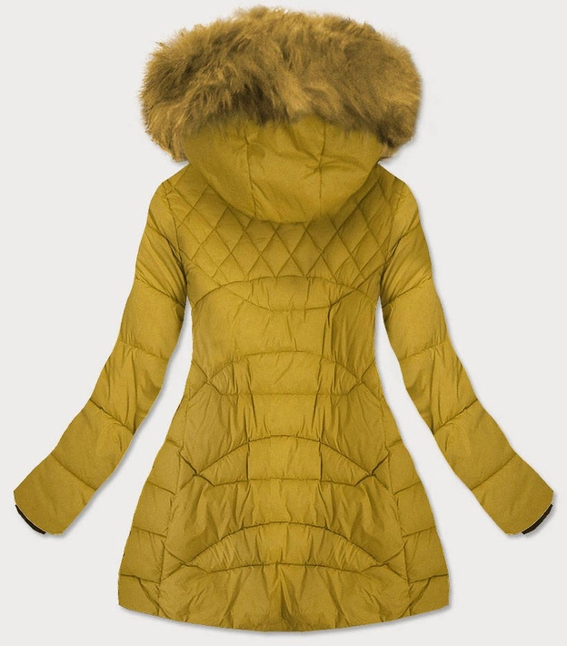 PIKOWANA DAMSKA KURTKA Z KAPTUREM MUSZTARDOWA (808)