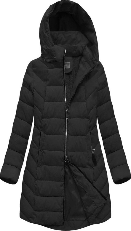 DŁUŻSZA ZIMOWA KURTKA DAMSKA Z KAPTUREM CZARNA (B2646)