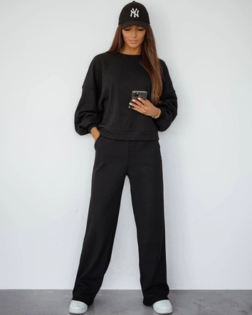 Waflowy komplet damski bluza + spodnie czarny (821108)