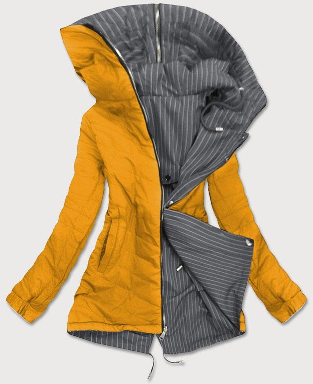 DWUSTRONNA KURTKA Z KAPTUREM W PASKI SZARO-ŻÓŁTA (W659)