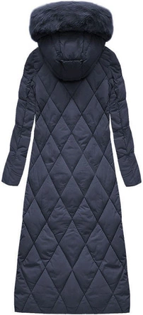 Długa damska kurtka zimowa z kapturem granatowa (7688)