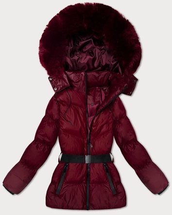 Zimowa kurtka z kapturem i paskiem J Style bordowa (5M3322-1)