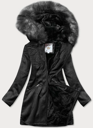 ZAMSZOWA DAMSKA KURTKA ZIMOWA Z KAPTUREM CZARNA (6516)