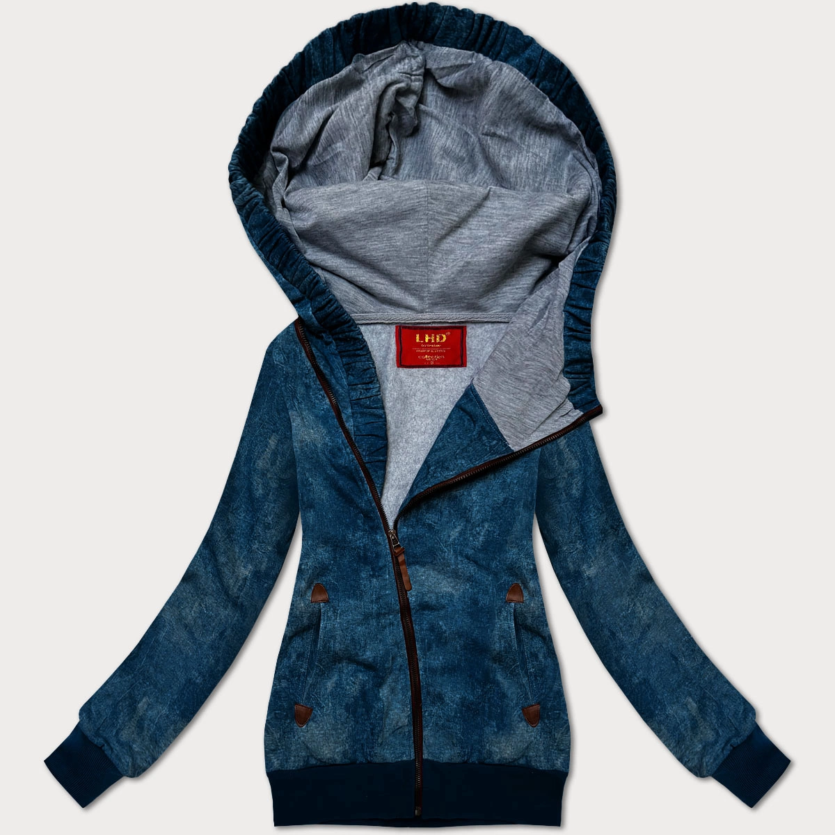 Dopasowana bluza damska z asymetrycznym zamkiem LHD ciemny niebieski (AMG-61)