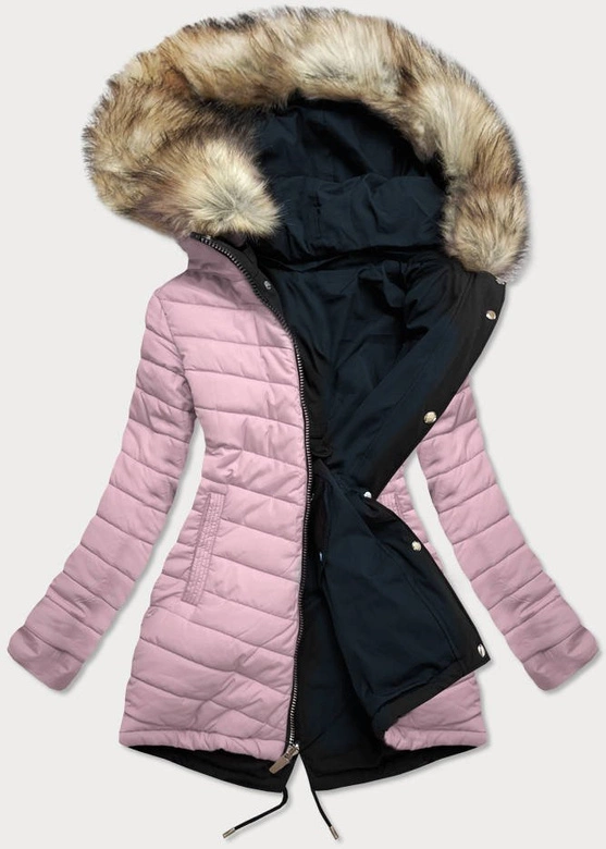 Dwustronna damska kurtka zimowa z kapturem granatowo-różowa (w211)