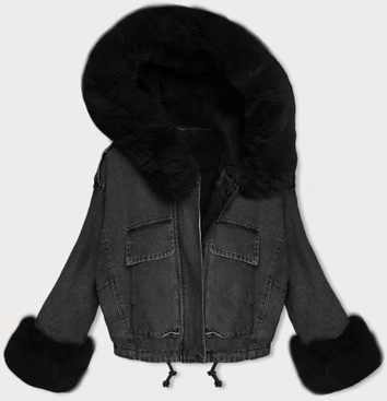 Krótka damska kurtka jeansowa na futrzanej podpince S'West czarna (B8047-101)