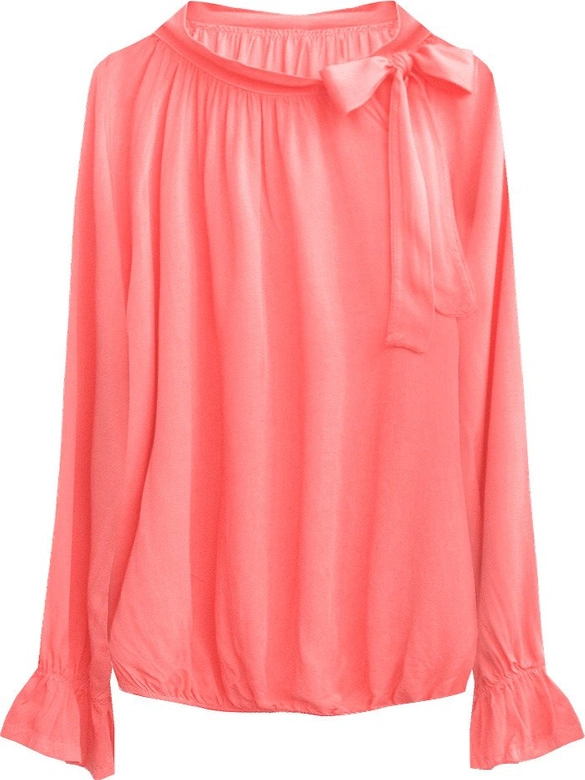 BAWEŁNIANA BLUZKA Z WIĄZANĄ STÓJKĄ NEONOWY KORAL (298ART)