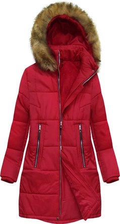 PIKOWANA DAMSKA KURTKA ZIMOWA Z KAPTUREM CZERWONA (B2627)