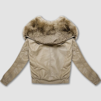 Skórzana kurtka z dużym futrzanym kołnierzem Glakate ciepły beżowy (LU98090#)