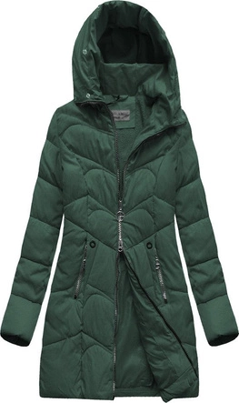 DŁUŻSZA PIKOWANA DAMSKA KURTKA ZIMOWA Z KAPTUREM CIEMNOZIELONA (B2643)