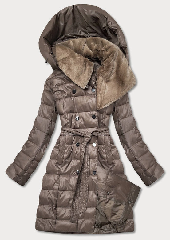KURTKA ZIMOWA DAMSKA Z WYSOKĄ FUTRZNĄ STÓJKĄ CAPPUCCINO (J9-018)