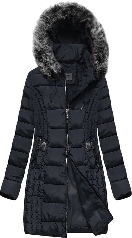 DŁUŻSZA PIKOWANA DAMSKA KURTKA ZIMOWA Z KAPTUREM GRANATOWA (B2619-30)