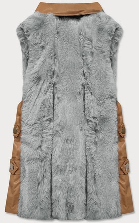 Elegancka kamizelka ekoskóra i futro karmel-szary (br9592-9022)