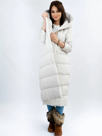 PROSTY ZIMOWY PŁASZCZ DAMSKI Z PUCHEM NATURALNYM JASNOSZARY (7120)