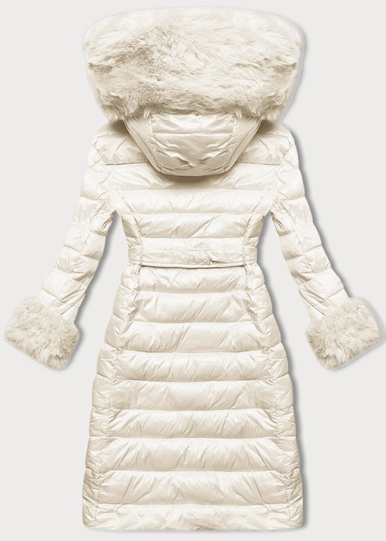Puchowy płaszcz damski na guziki ecru (5M3160/1-254)