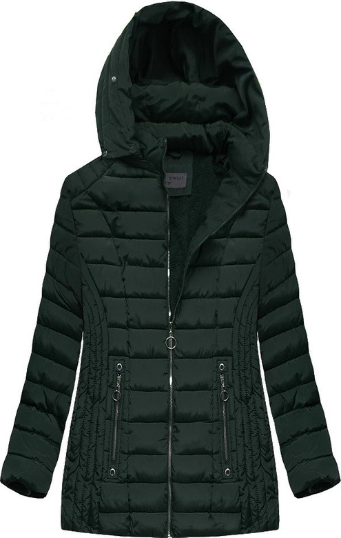 PIKOWANA DAMSKA KURTKA ZIMOWA Z KAPTUREM CIEMNOZIELONA (B2630-30)