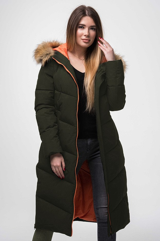 PROSTY PŁASZCZ ZIMOWY DAMSKI Z KAPTUREM KHAKI (J9-007)