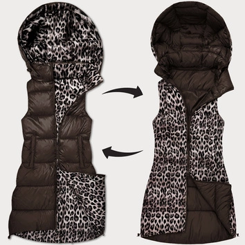 Gruba kamizelka dwustronna z odpinanym kapturem czekolada-panterka (T5-2602#-103)