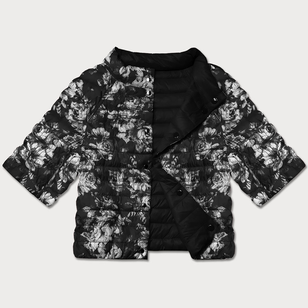 Dwustronna kurtka damska plus size z rękawem 3/4 Minority czarna/kwiaty (M23-7010-1)