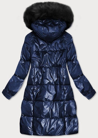 Damska metaliczna kurtka zimowa z kapturem granatowa (8295)