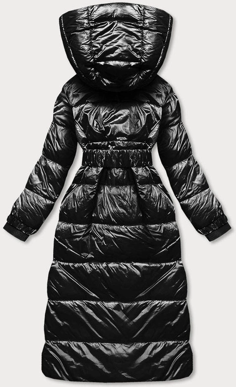 Długa damska kurtka z paskiem czarna (ag8-8002)