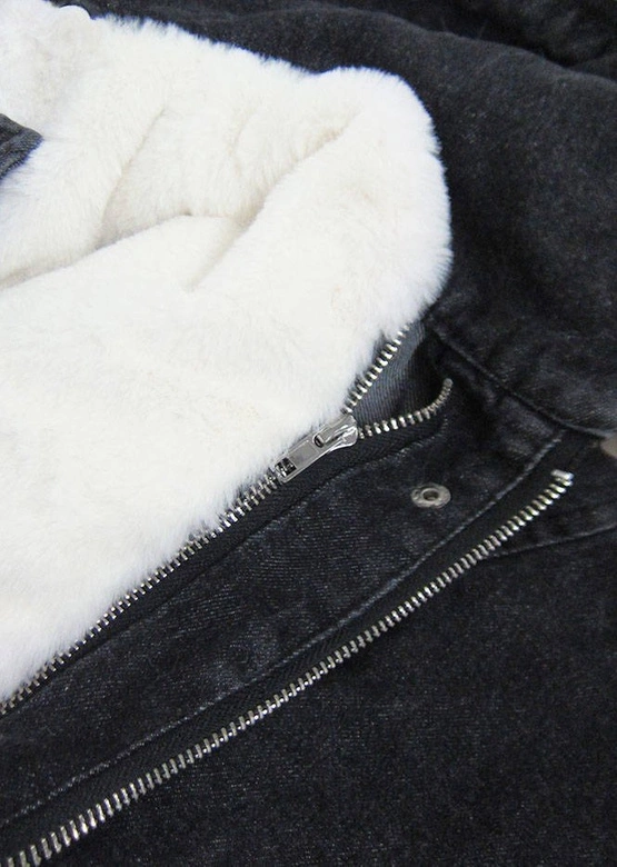 DAMSKA KURTKA JEANSOWA Z FUTRZANĄ PODPINKĄ CZARNO - BIAŁA (9023#)