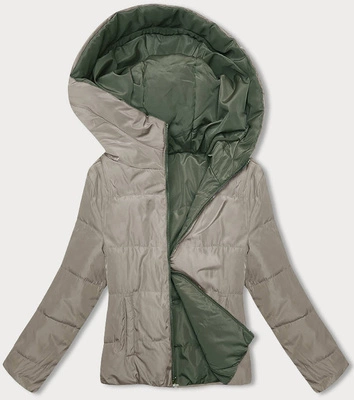 Dwustronna krótka kurtka z kapturem khaki-beż (B8181-11046)