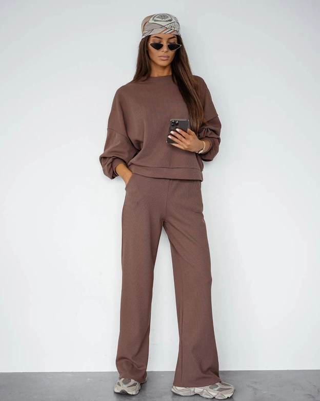 Waflowy komplet damski bluza + spodnie cappuccino (821108)
