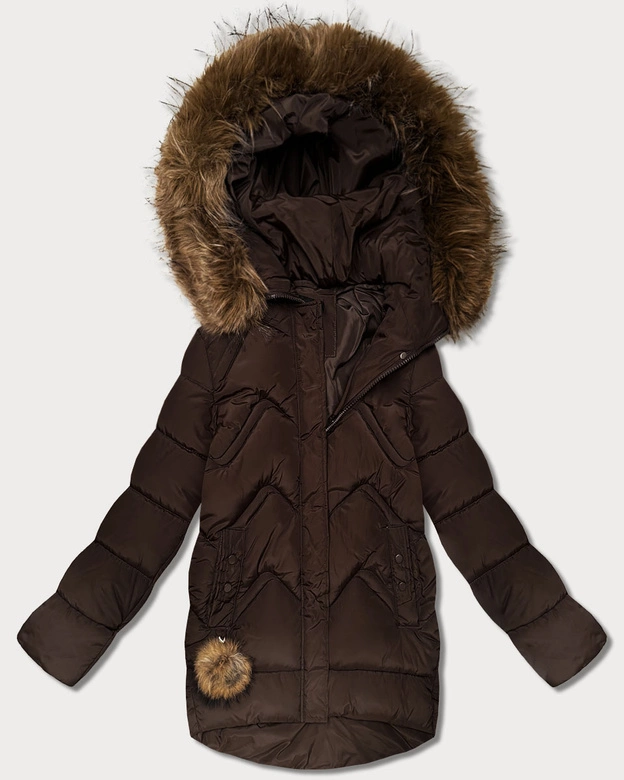 Puchowa zimowa kurtka damska z dużym kapturem brązowa (KK60589)