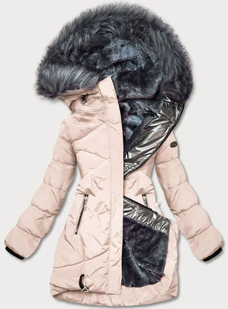 PIKOWANA KURTKA ZIMOWA DAMSKA ECRU-GRAFIT (M-21015)