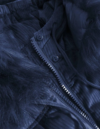 Sztruksowa damska kurtka z kapturem granatowa (7696)