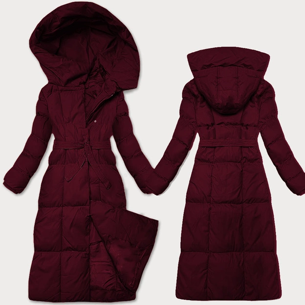 Zimowa damska kurtka z paskiem J Style bordowa (5M3227-1)