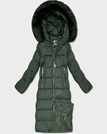 Długa damska kurtka zimowa z kapturem butelkowa zieleń (7688)