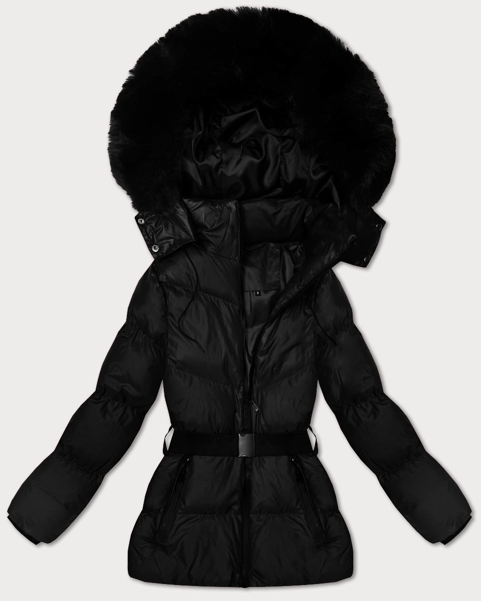 Zimowa kurtka z kapturem i paskiem J Style czarna (5M3322-392)