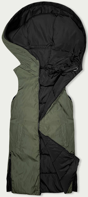 Długa kamizelka damska dwustronna czarna-khaki (B8248-1)