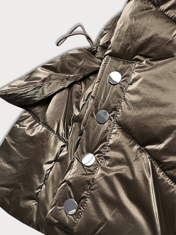 Metaliczna krótka zimowa kurtka damska puffer ciemnozłota (omdl-022)