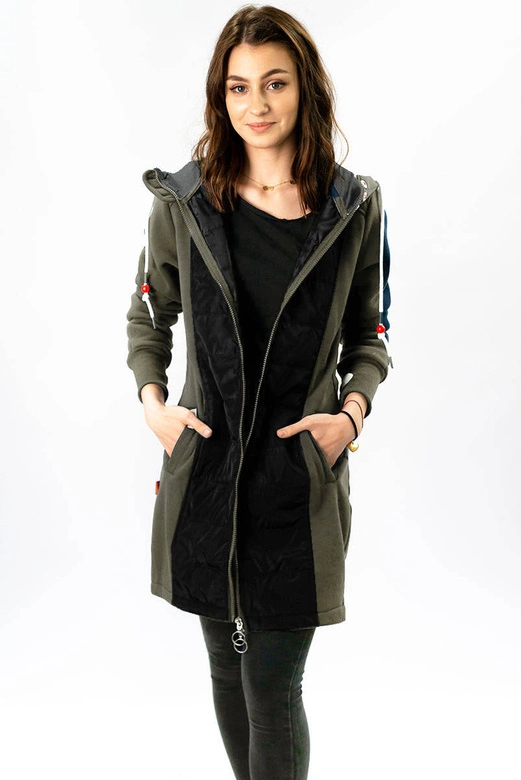 Długa bluza damska z kapturem khaki-czarna (532)